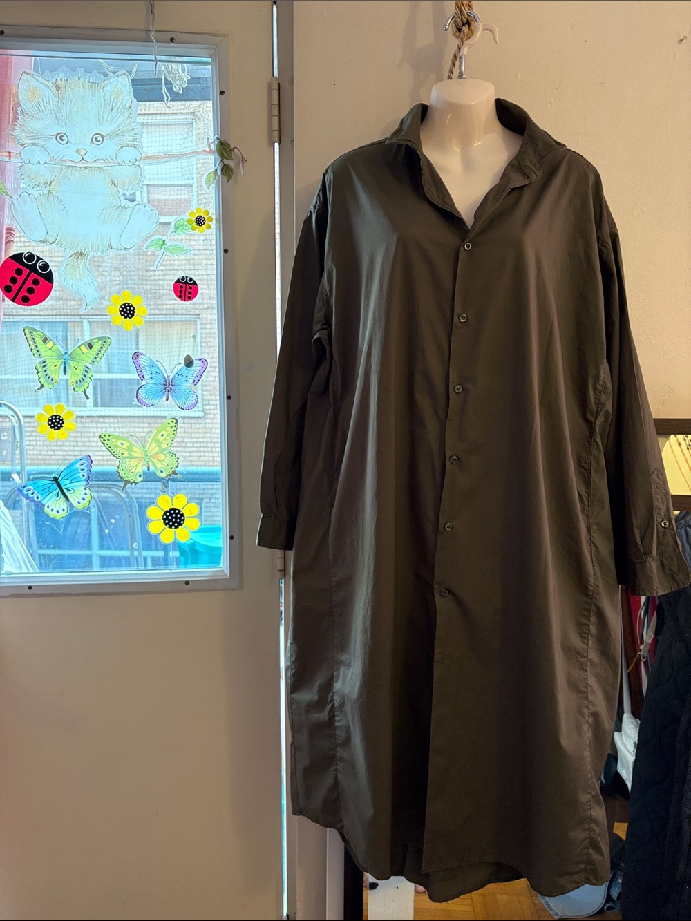 Oversized Button-Down Long Shirt Dress in Olive Green. Cotton